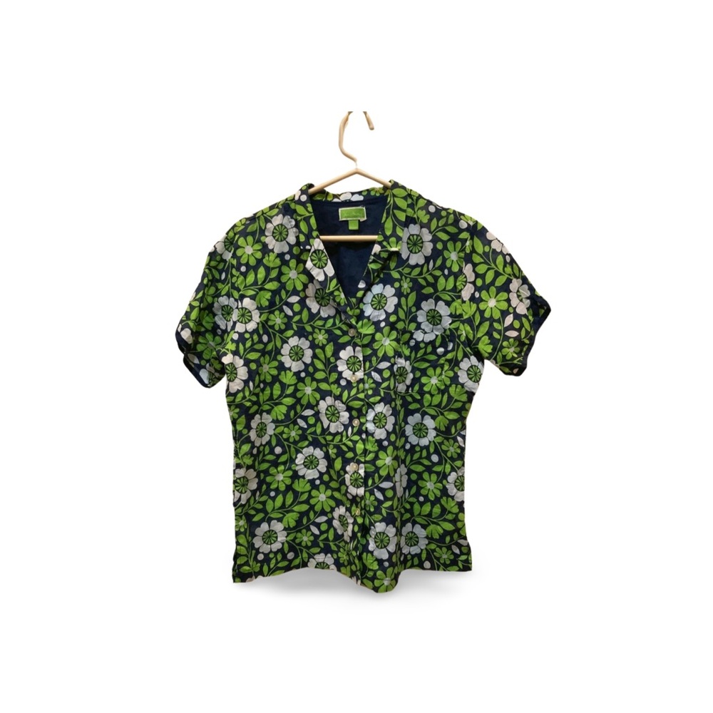 Vera Bradley Green White Floral Print 100% Cotton Button Up Shirt Sz L